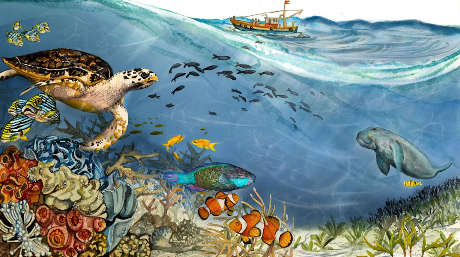 This banner features an Indian coastal marine ecosystem. Elements: leatherback turtle, parrtofish, dugong, seagrass, corals, schools of fish in the background, ocean waves, clownfish, and a fishing boat in the distance.